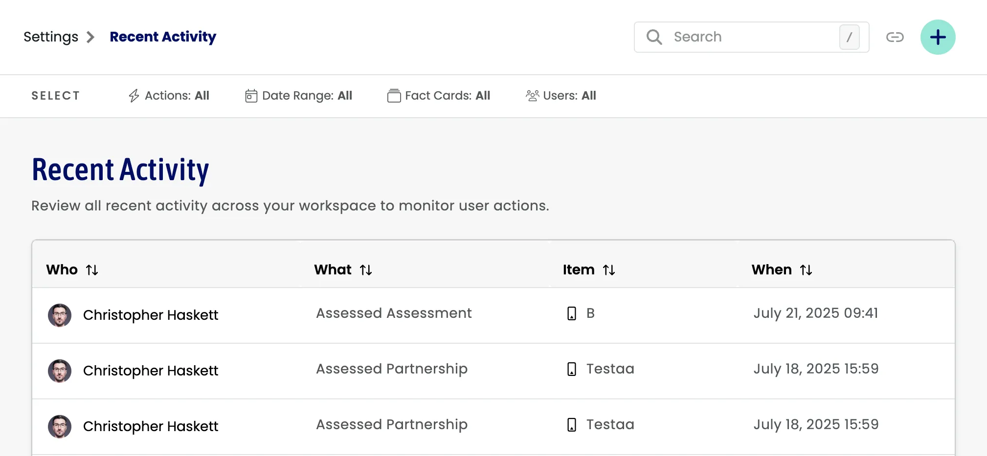 Recent Activity screen